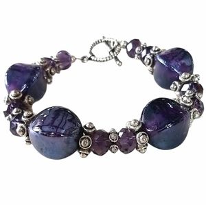 Hand Crafted Art Glass Silver Tone Crystal Beaded Bracelet
